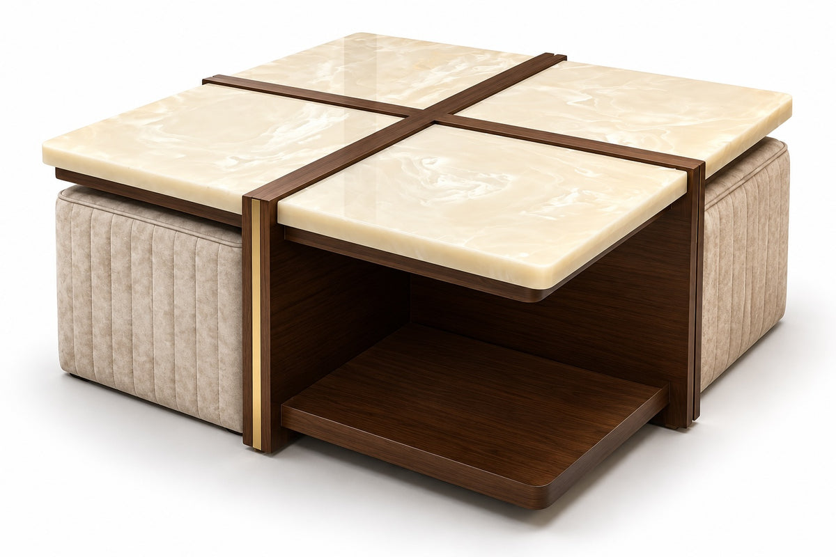 Cube with Storage & Puffy Marble Coffee Table